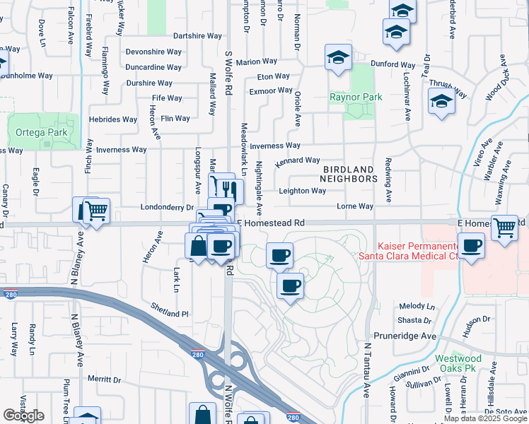 map of restaurants, bars, coffee shops, grocery stores, and more near 915 East Homestead Road in Sunnyvale