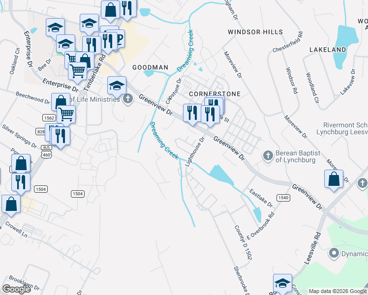map of restaurants, bars, coffee shops, grocery stores, and more near 23 Mulberry Circle in Lynchburg