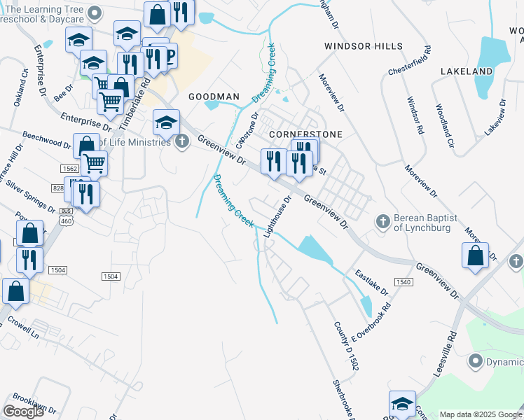 map of restaurants, bars, coffee shops, grocery stores, and more near 55 Mulberry Circle in Lynchburg