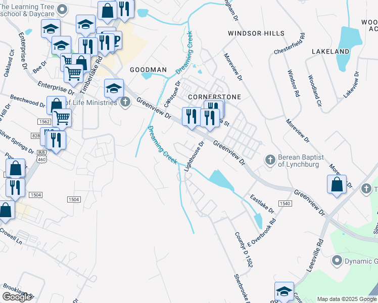 map of restaurants, bars, coffee shops, grocery stores, and more near 23 Mulberry Circle in Lynchburg