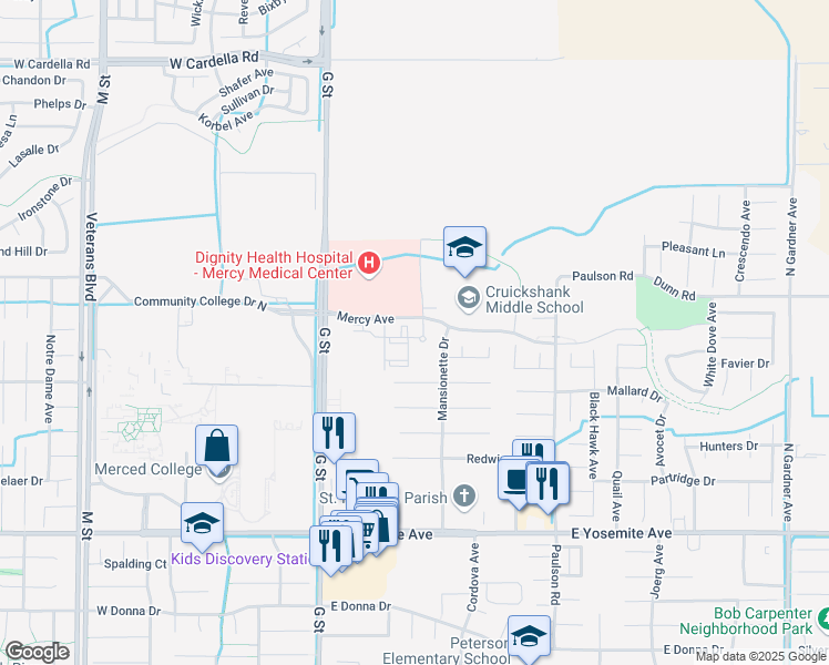 map of restaurants, bars, coffee shops, grocery stores, and more near 402 Mercy Avenue in Merced