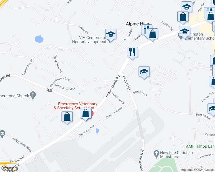 map of restaurants, bars, coffee shops, grocery stores, and more near 6709 Woodcreeper Drive in Roanoke