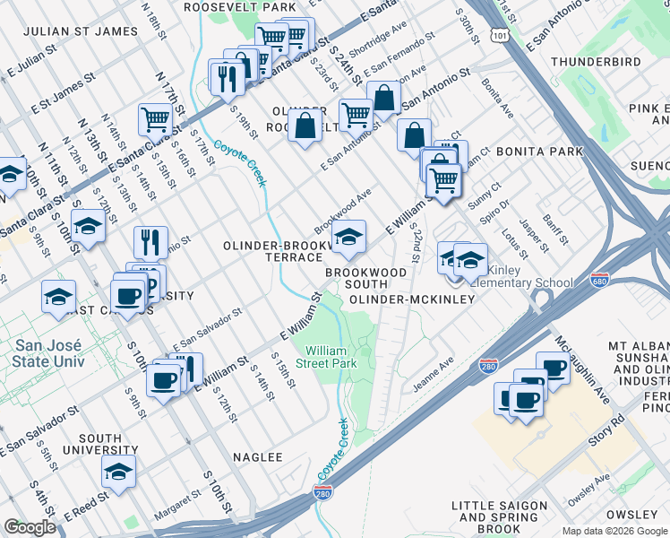 map of restaurants, bars, coffee shops, grocery stores, and more near 396 South 18th Street in San Jose