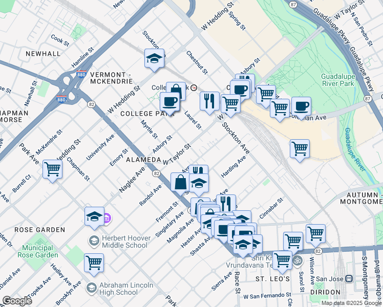 map of restaurants, bars, coffee shops, grocery stores, and more near 677 Elm Street in San Jose