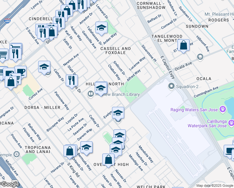 map of restaurants, bars, coffee shops, grocery stores, and more near 1742 Karl Street in San Jose