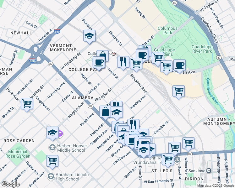 map of restaurants, bars, coffee shops, grocery stores, and more near 929 Villa Avenue in San Jose