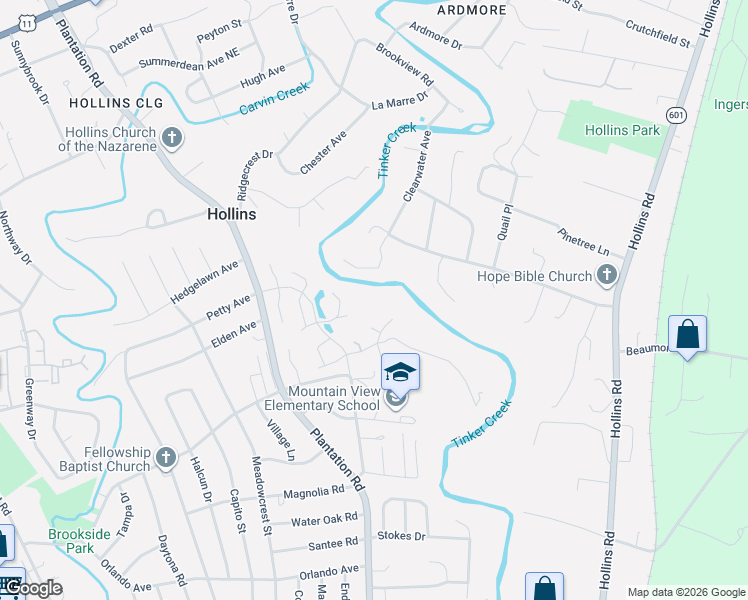 map of restaurants, bars, coffee shops, grocery stores, and more near 6124 Greyholme Lane in Hollins