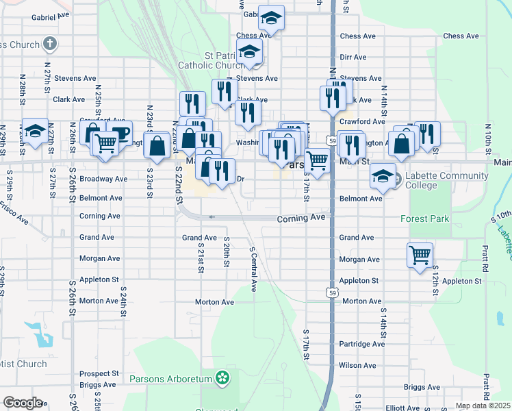 map of restaurants, bars, coffee shops, grocery stores, and more near 1900 Belmont Avenue in Parsons
