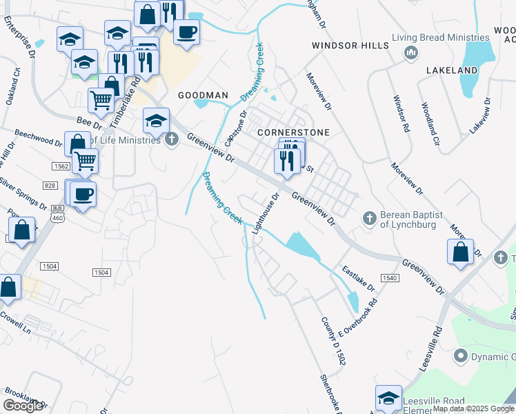 map of restaurants, bars, coffee shops, grocery stores, and more near 269 Mulberry Circle in Lynchburg