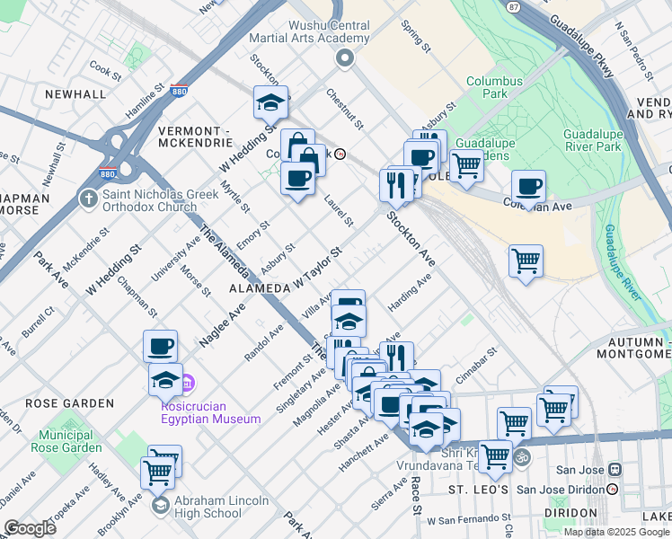 map of restaurants, bars, coffee shops, grocery stores, and more near 677 Elm Street in San Jose