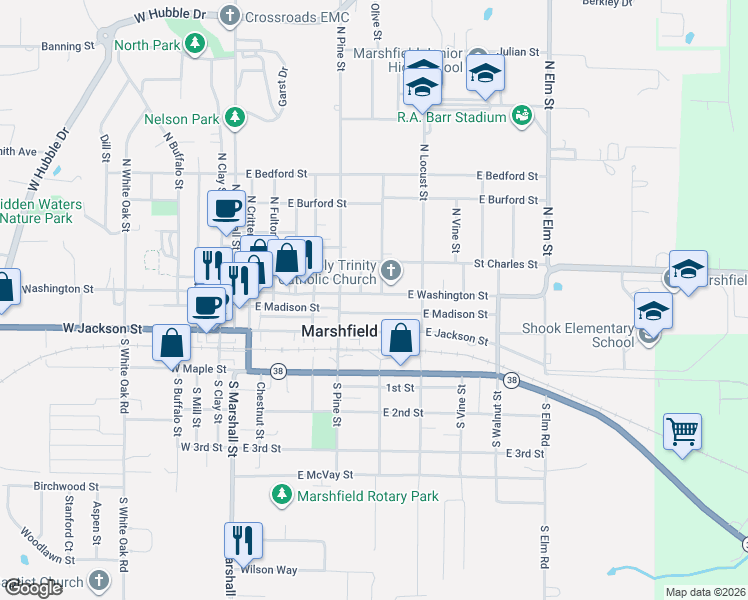 map of restaurants, bars, coffee shops, grocery stores, and more near 431 East Madison Street in Marshfield