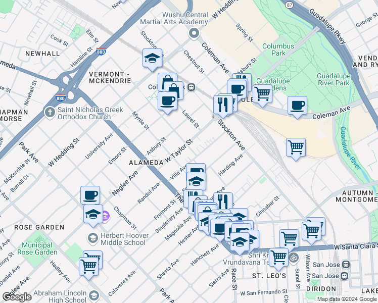 map of restaurants, bars, coffee shops, grocery stores, and more near 677 Elm Street in San Jose