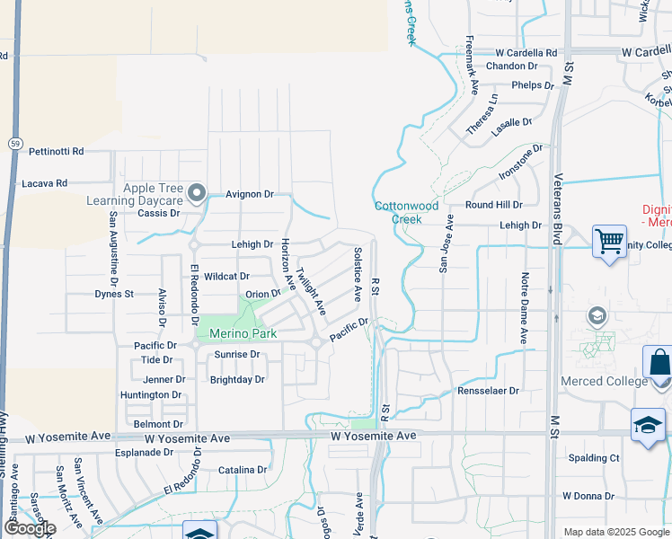 map of restaurants, bars, coffee shops, grocery stores, and more near 1145 Crescent Drive in Merced
