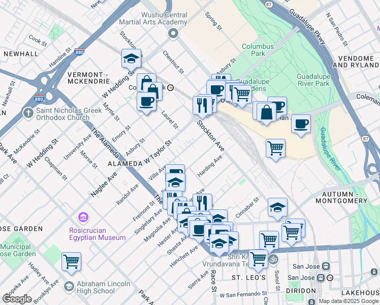 map of restaurants, bars, coffee shops, grocery stores, and more near 840 Villa Avenue in San Jose