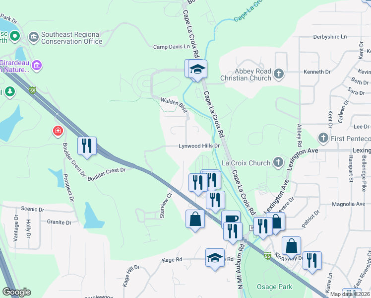 map of restaurants, bars, coffee shops, grocery stores, and more near 2797 Lynwood Hills Drive in Cape Girardeau