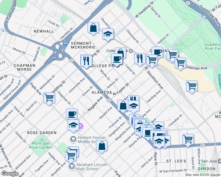 map of restaurants, bars, coffee shops, grocery stores, and more near 1050 Asbury Street in San Jose