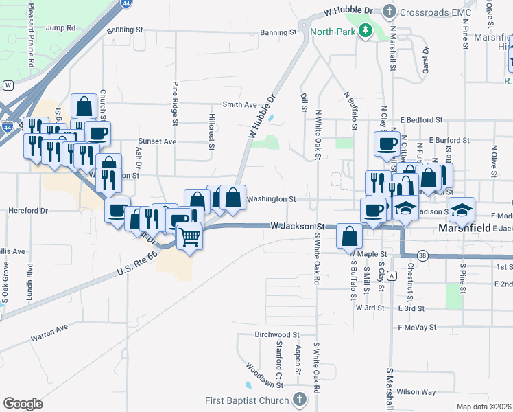 map of restaurants, bars, coffee shops, grocery stores, and more near 732 West Washington Street in Marshfield
