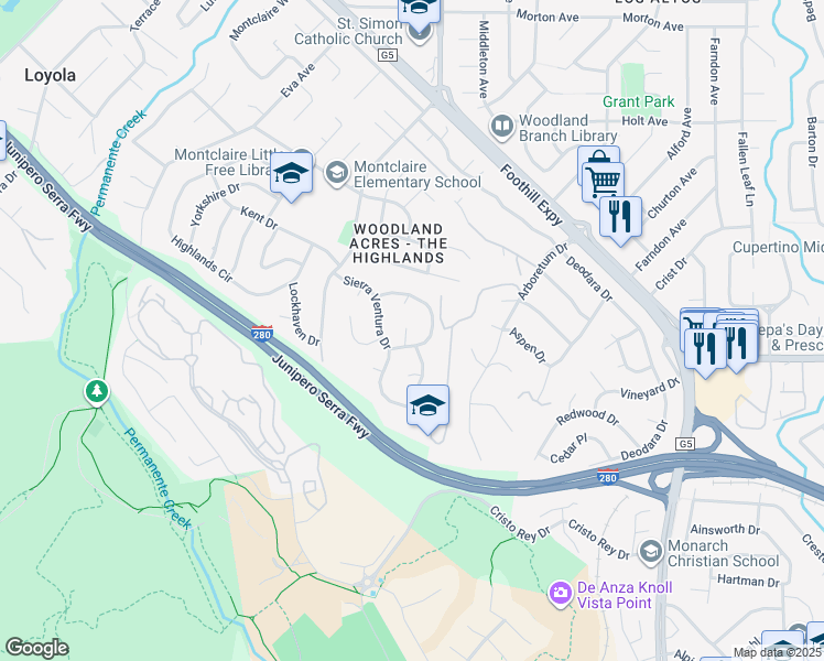 map of restaurants, bars, coffee shops, grocery stores, and more near 1280 Vía Huerta in Los Altos