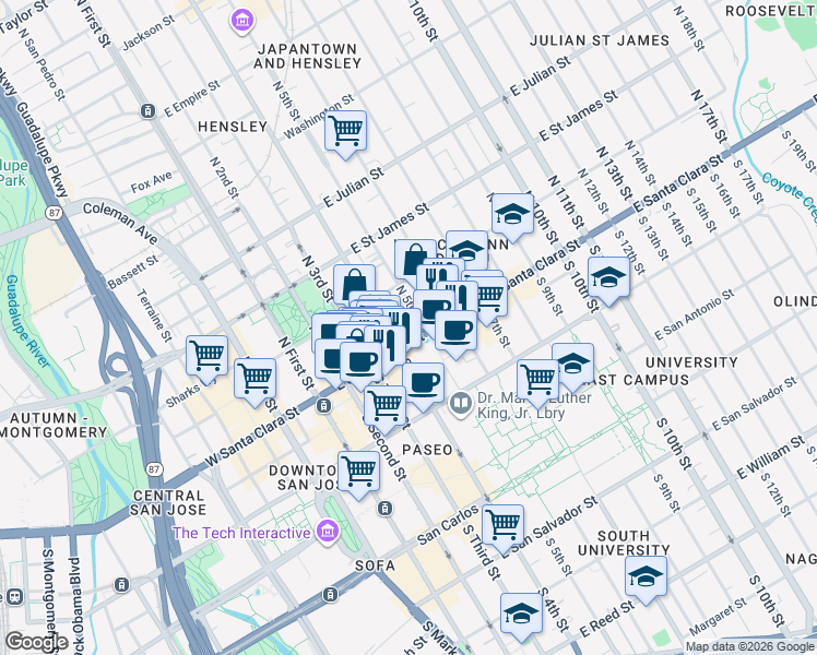 map of restaurants, bars, coffee shops, grocery stores, and more near 193 East Santa Clara Street in San Jose