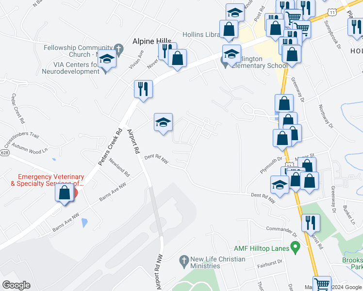 map of restaurants, bars, coffee shops, grocery stores, and more near 6668 Village Green Drive in Roanoke