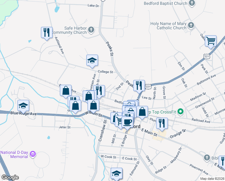 map of restaurants, bars, coffee shops, grocery stores, and more near Burwell Way in Bedford