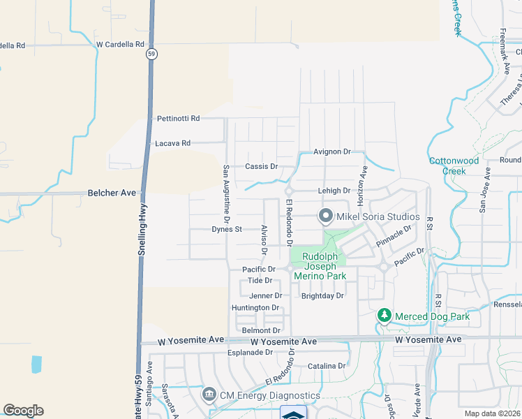 map of restaurants, bars, coffee shops, grocery stores, and more near 3938 Alviso Drive in Merced