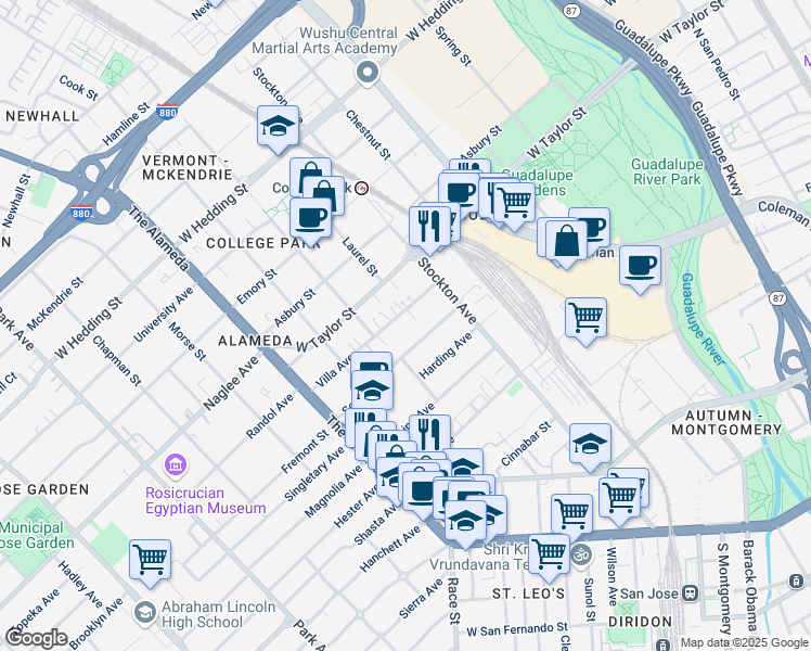 map of restaurants, bars, coffee shops, grocery stores, and more near 840 Villa Avenue in San Jose