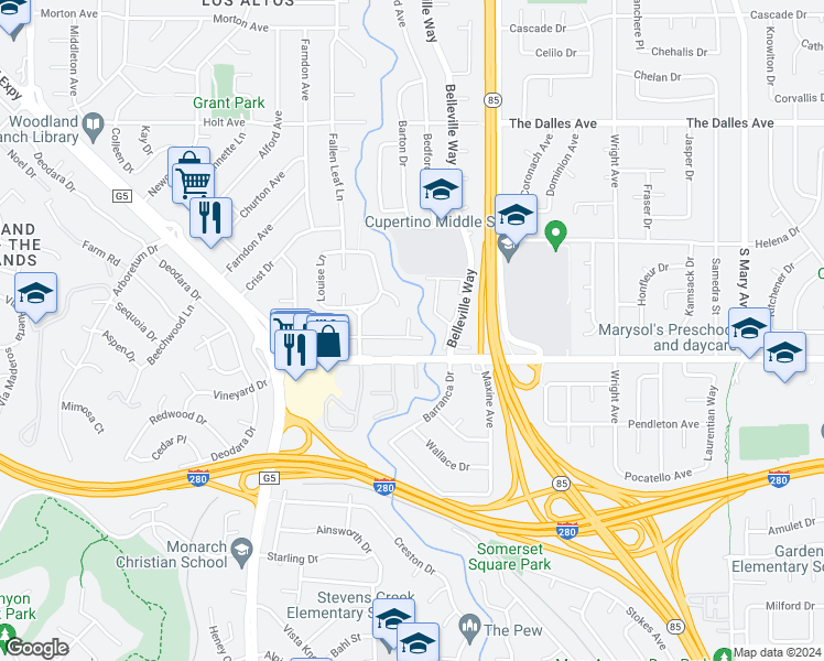 map of restaurants, bars, coffee shops, grocery stores, and more near 1723 Marshall Court in Los Altos