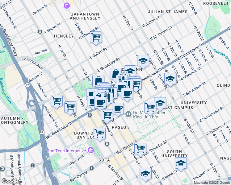 map of restaurants, bars, coffee shops, grocery stores, and more near 15 South 4th Street in San Jose