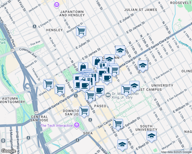 map of restaurants, bars, coffee shops, grocery stores, and more near 15 South 4th Street in San Jose