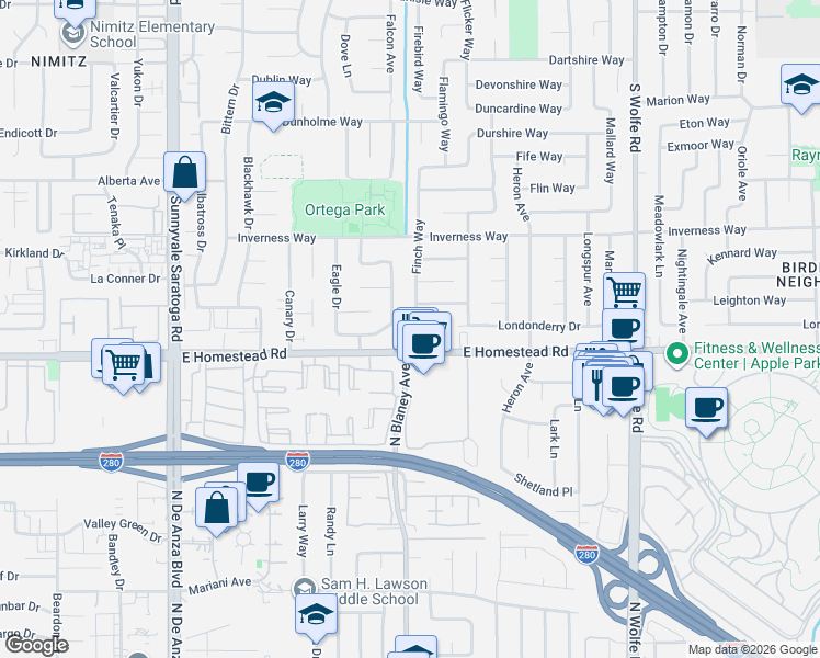 map of restaurants, bars, coffee shops, grocery stores, and more near in Sunnyvale