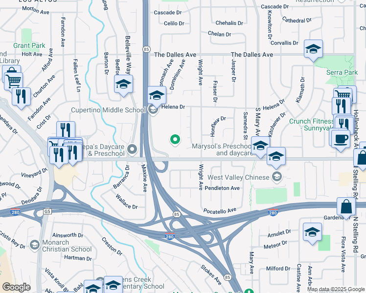 map of restaurants, bars, coffee shops, grocery stores, and more near 1028 La Salle Drive in Sunnyvale