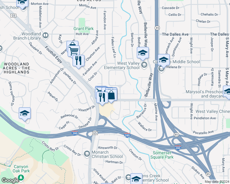 map of restaurants, bars, coffee shops, grocery stores, and more near 2106 Fallen Leaf Lane in Los Altos