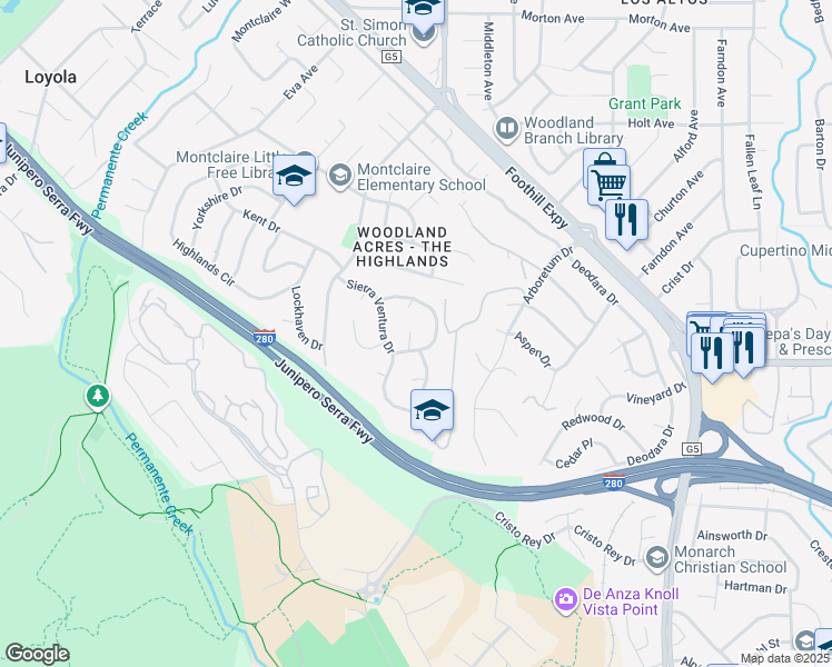 map of restaurants, bars, coffee shops, grocery stores, and more near 1280 Vía Huerta in Los Altos