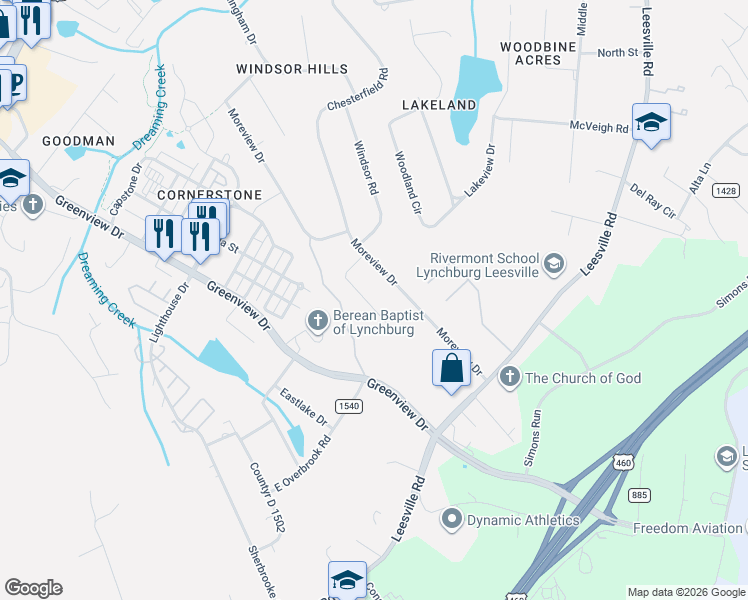 map of restaurants, bars, coffee shops, grocery stores, and more near 1029 Morey Place in Lynchburg