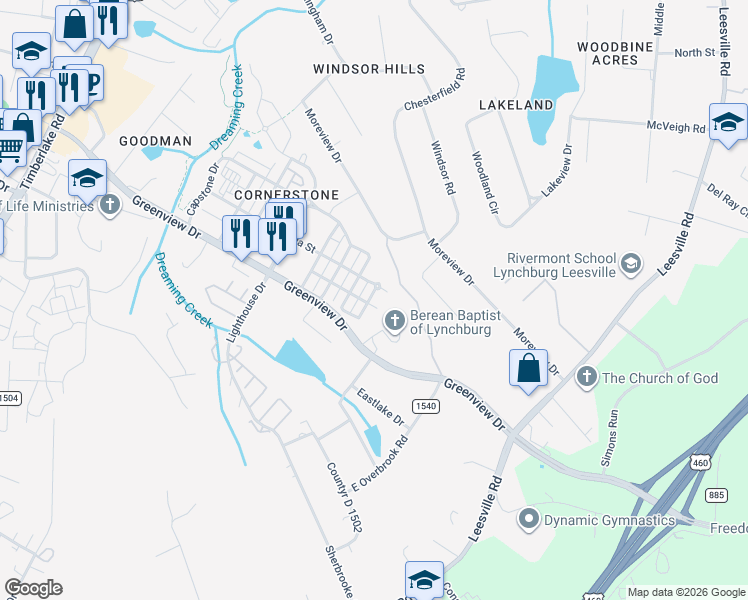 map of restaurants, bars, coffee shops, grocery stores, and more near 308 Meridian Street in Lynchburg