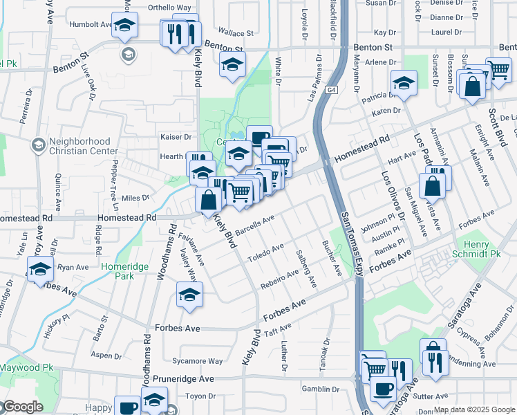 map of restaurants, bars, coffee shops, grocery stores, and more near 2701 Barcells Avenue in Santa Clara