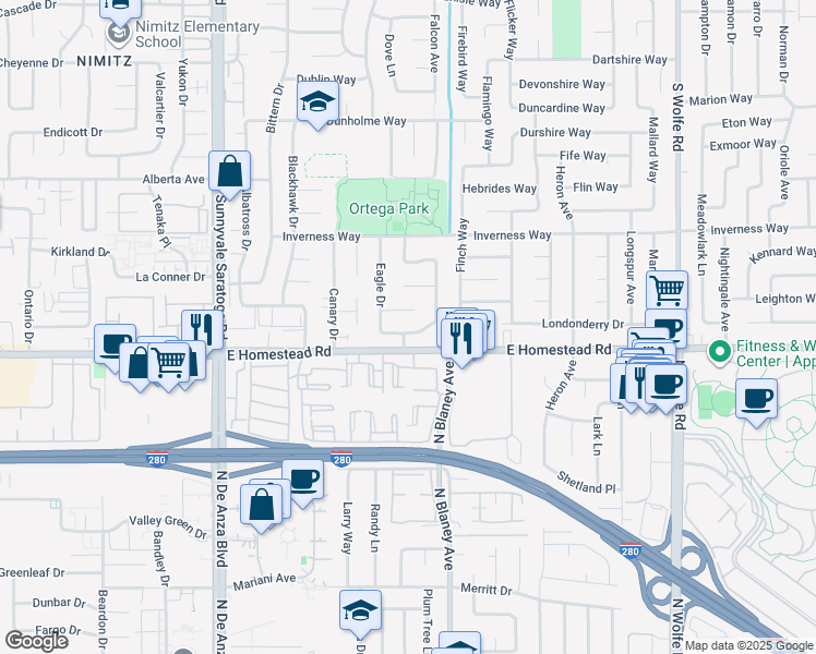 map of restaurants, bars, coffee shops, grocery stores, and more near 1669 Langport Drive in Sunnyvale