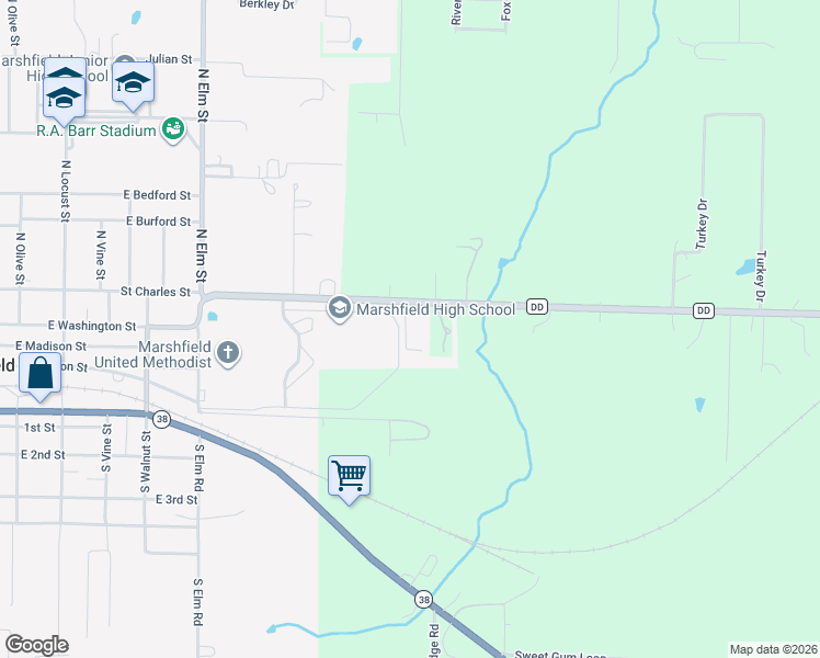 map of restaurants, bars, coffee shops, grocery stores, and more near 180 State Highway DD in Marshfield