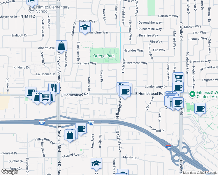 map of restaurants, bars, coffee shops, grocery stores, and more near 1669 Langport Drive in Sunnyvale