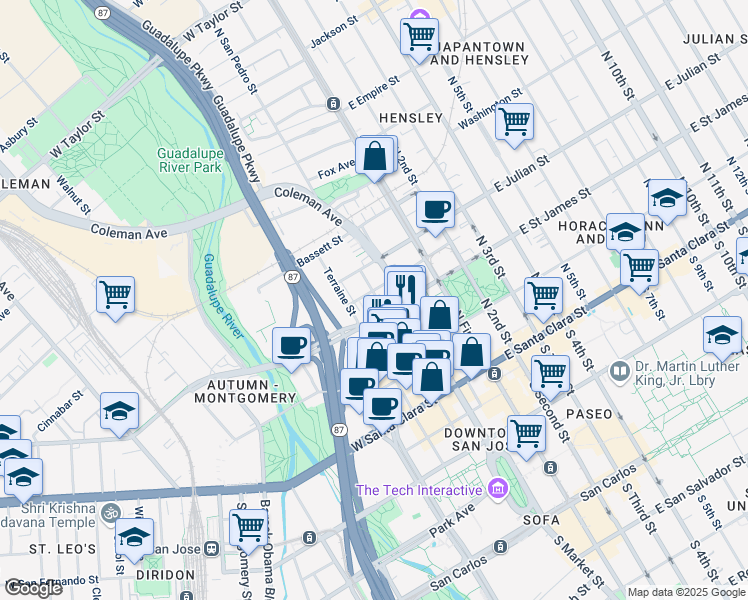 map of restaurants, bars, coffee shops, grocery stores, and more near 175 W St James St in San Jose
