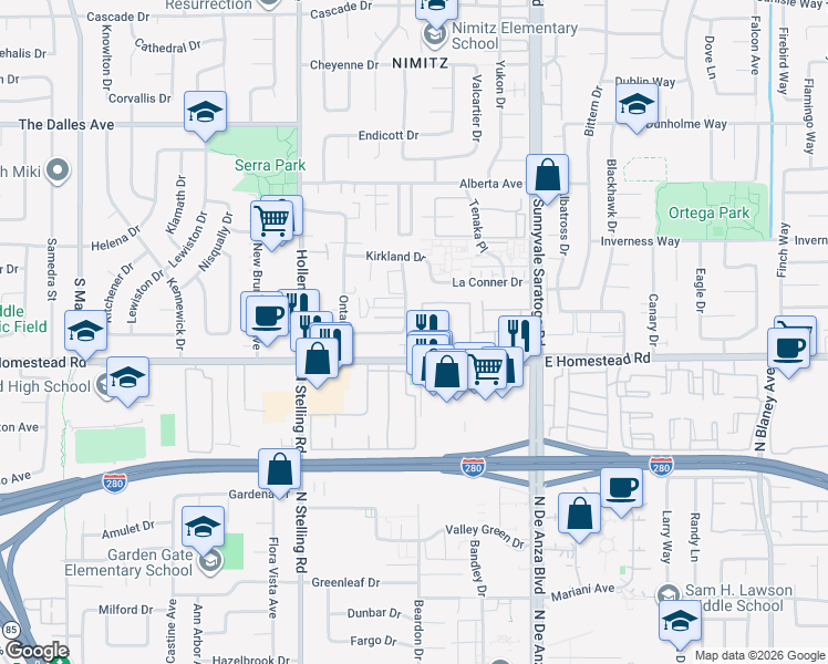 map of restaurants, bars, coffee shops, grocery stores, and more near 625 West Homestead Road in Sunnyvale