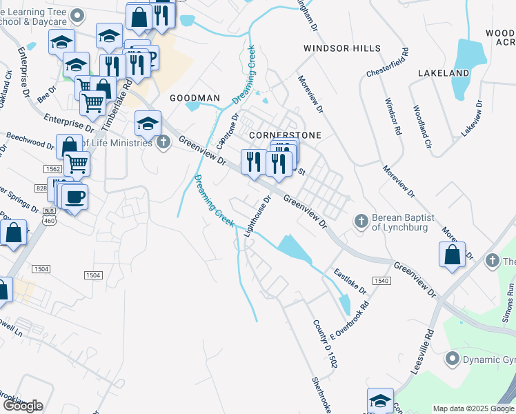 map of restaurants, bars, coffee shops, grocery stores, and more near 5 Honeysuckle Court in Lynchburg
