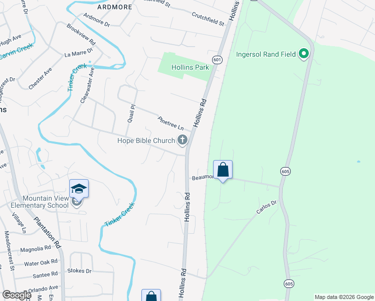map of restaurants, bars, coffee shops, grocery stores, and more near State Route 601 in Hollins