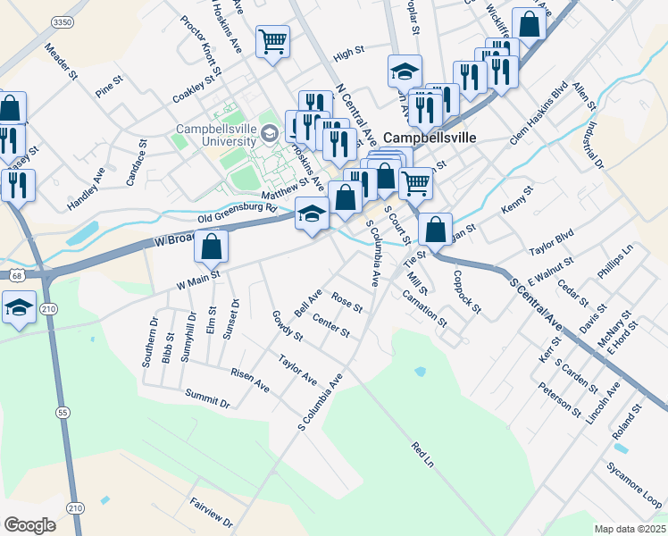 map of restaurants, bars, coffee shops, grocery stores, and more near 301-399 Bell Avenue in Campbellsville