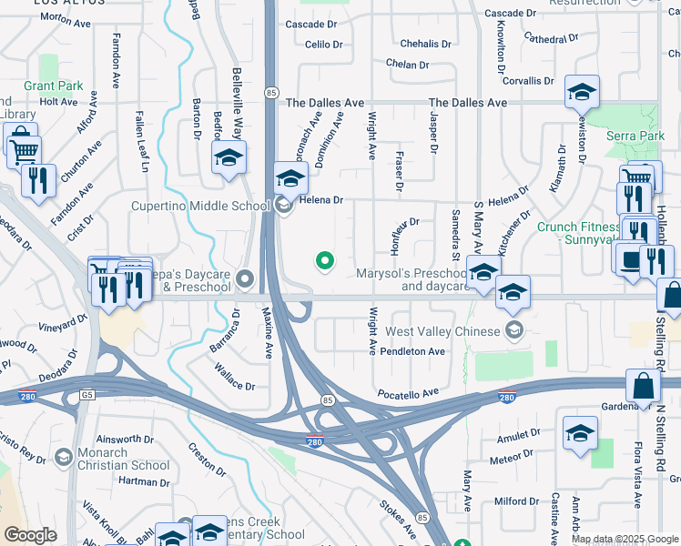 map of restaurants, bars, coffee shops, grocery stores, and more near 1028 La Salle Drive in Sunnyvale