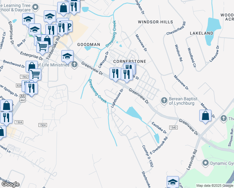 map of restaurants, bars, coffee shops, grocery stores, and more near 5 Honeysuckle Court in Lynchburg