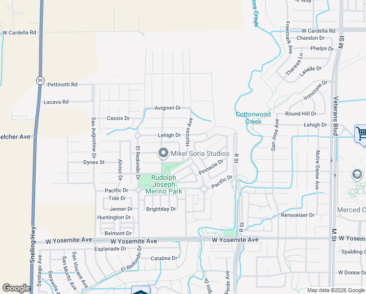 map of restaurants, bars, coffee shops, grocery stores, and more near 1216 Wildcat Drive in Merced