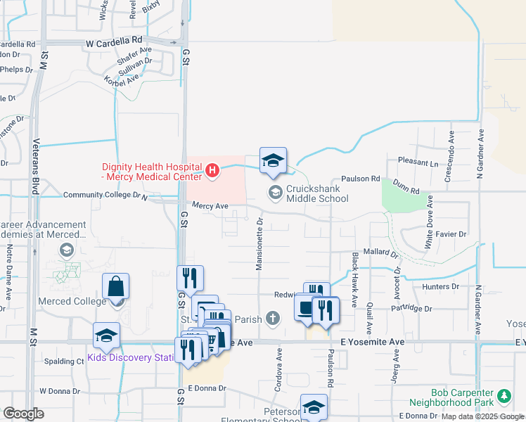 map of restaurants, bars, coffee shops, grocery stores, and more near 3699 Mansionette Drive in Merced
