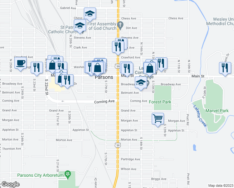 map of restaurants, bars, coffee shops, grocery stores, and more near 1606 Belmont Avenue in Parsons
